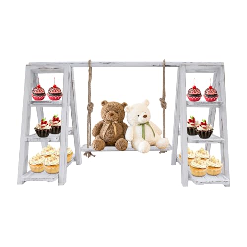 3 Tier Cupcake Stand 13.5in Wood Serving Tray Ladder with Removable Trays & Swing Plates, Foldable A-Shaped Table Display Set for Parties, Wedding, Home Decor