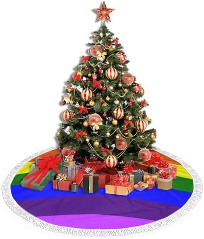 Christmas Tree Skirt 36" Inch LGBT Gay Pride Flag Xmas Tree Skirt Mat with White Tassel for Party Holiday, Tree Skirt Christmas Decorations