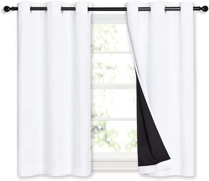 NICETOWN White 100% Blackout Curtains 45 inches Long, 2 Thick Layers Completely Blackout Window Treatment Thermal Insulated Lined Drapes for Small Window (1 Pair, 42 inches Width Each Panel)