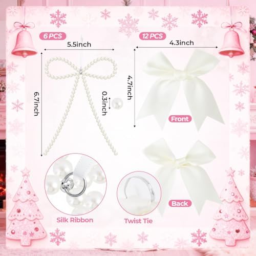 18 Pcs Bow Ornaments for Christmas Tree,Include 6 White Pearl Bows 12 Beige Satin Ribbon Bows,Bow Ornaments Christmas Tree Toppers for Home Wreath Fireplace Xmas Gift Packaging Wedding Party Decor