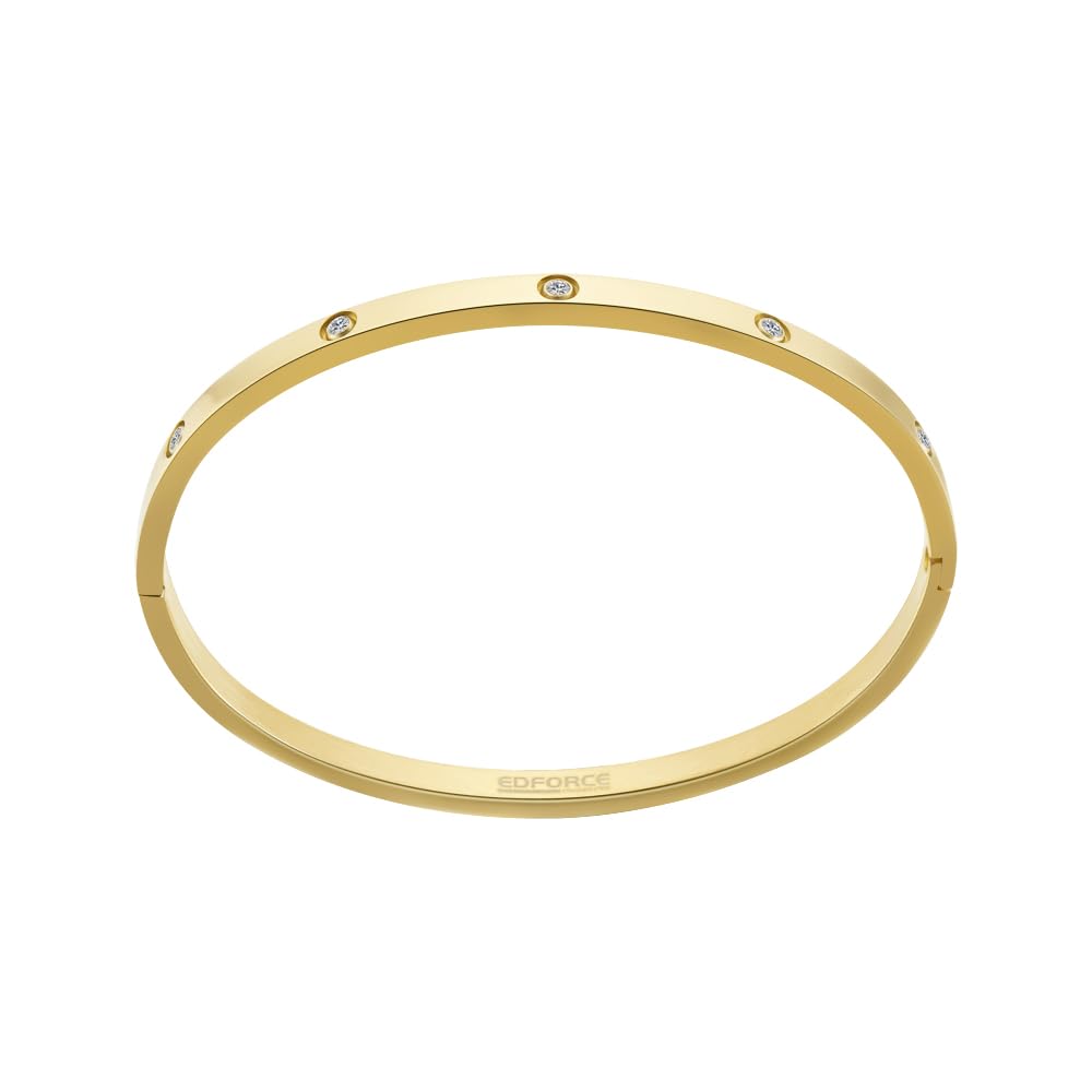 Edforce Stainless Steel 4mm Width Thin Love CZ Gold Bangle Bracelet for Women (Gold)