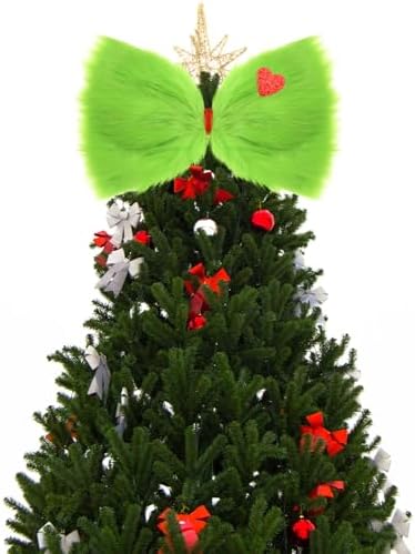 Suncalla Lime Green Furry Christmas Tree Topper Bow 14x8 Glitter Heart