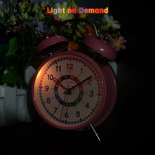 Peakeep Learning Clock for Kids Time Teaching, Loud Alarm to Wake Up | 4.5" Twin Bell Alarm Clock Battery Operated for Teenagers Kids, Kids' Room (Pink)