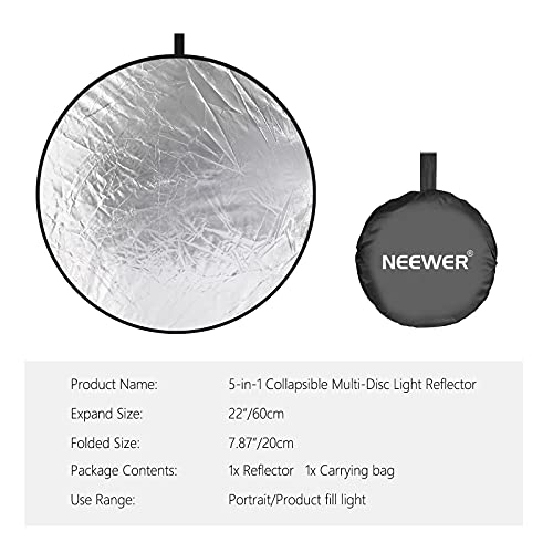 NEEWER 22 Inch/60 Centimeter Light Reflector Light Diffuser 5 in 1 Collapsible Multi Disc with Bag - Translucent, Silver, Gold, White, and Black for Studio Photography Lighting and Outdoor Lighting - size: 60cm