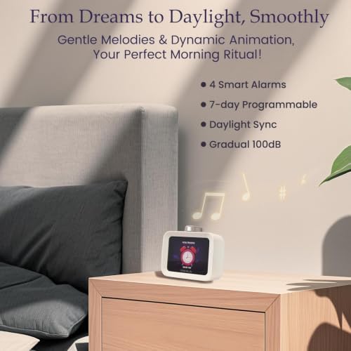Dekala Alarm Clock for Bedrooms, 4 Alarms, 7-Day Programmable Loud Digital Clock for Heavy Sleepers with White Noise, Temperature & Humidity Display, IPS Animated Screen, Hourly Chime, White