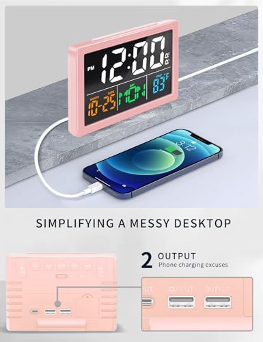 JALL Digital Clock with Date Day for Seniors, Electric Alarm Clocks for Bedrooms with Temperature, 2 Alarms, Dimmer, Dual USB Charger, Battery Backup, Volume Control, Snooze, Bedside Desk Clock, Pink