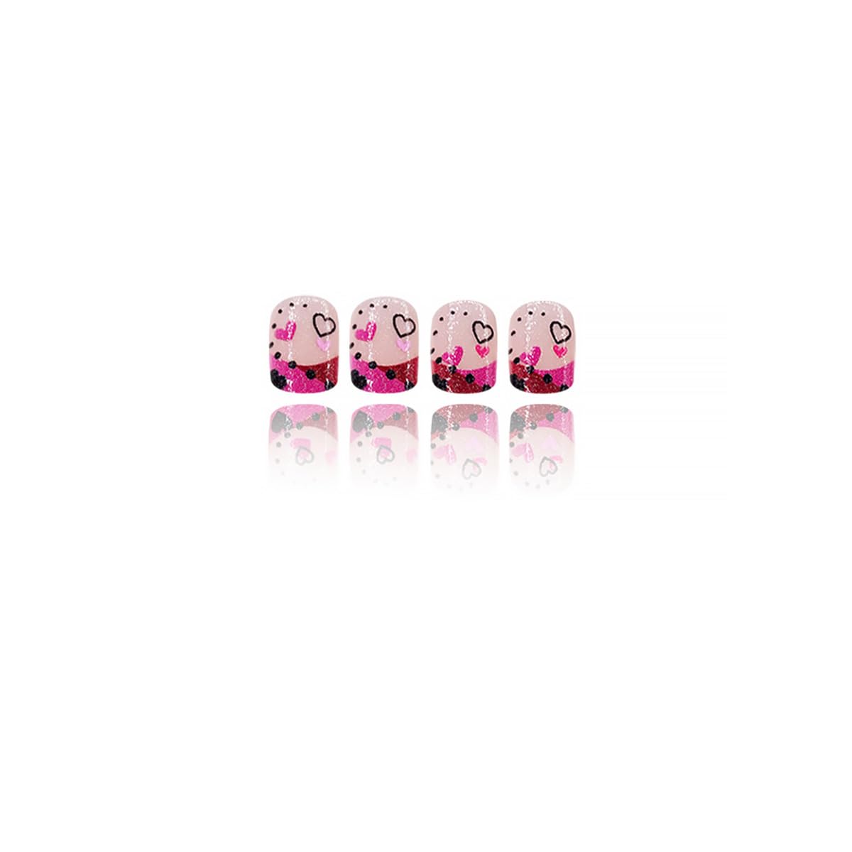 24Pcs Valentines Press on Nails Short Square French Tip Fake Nails with Pink Black Romantic Heart Design Full Cover Artificial Glue on Nails Nude Stick on Nails Valentine's False Nails for Women