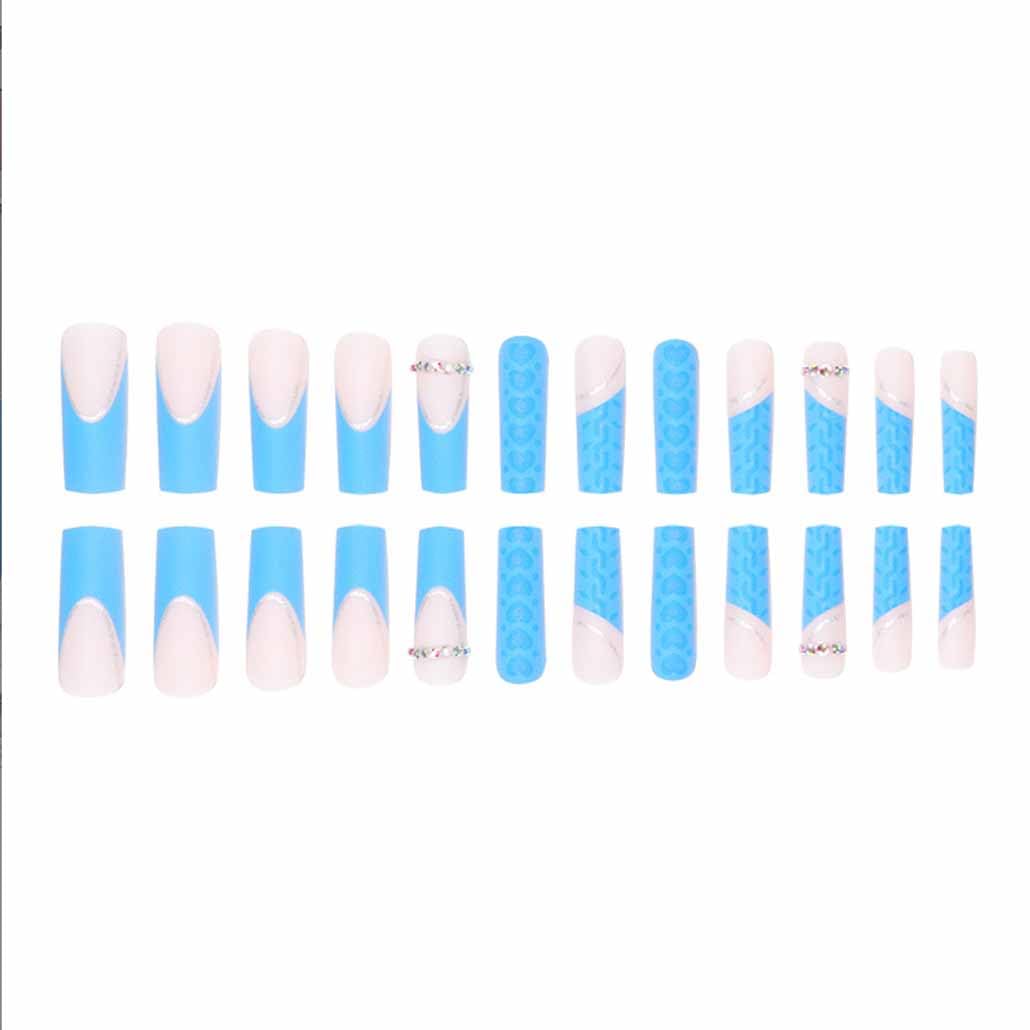 Foccna Blue Press on Nails Extra Long, Acrylic Fake Nails French Square False Nails Matte,Artificial Nails LOVE Design for Women and Girls, 24 pcs