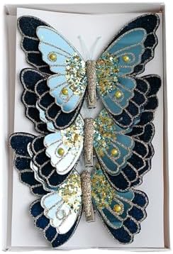 LEBETE Pack of 3 Double Layer Butterfly Christmas Tree Clips Accessory Elegant Fabric Ornaments for Holiday Decorations