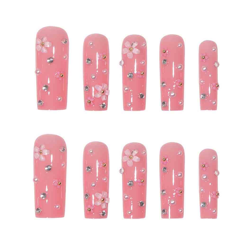 Foccna Pink Press on Nails Long 3D Flower Fake Nails Square Bling Glossy Rhinestone False Nail Tips Artificial Nails Finger Manicure for Women and Girls,24pcs