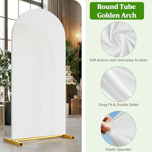 Arch Backdrop Stand and Cover Set, 6.6 x 3.3FT Gold Metal Wedding Arch for Ceremony, Heavy Duty Balloon Arch Stand with White Spandex Cover for Birthday Party, Baby Shower, Graduation, Event Decor - size: 6.6 Ft