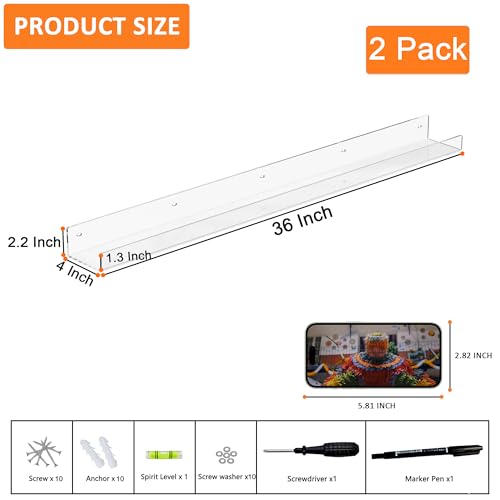 36'' Clear Acrylic Wall Long Shelf 2 Pack, Acrylic Floating Book Shelves, Wall Mounting Invisible Ledge Book Shelf - color: Clear, size: 36 Inch