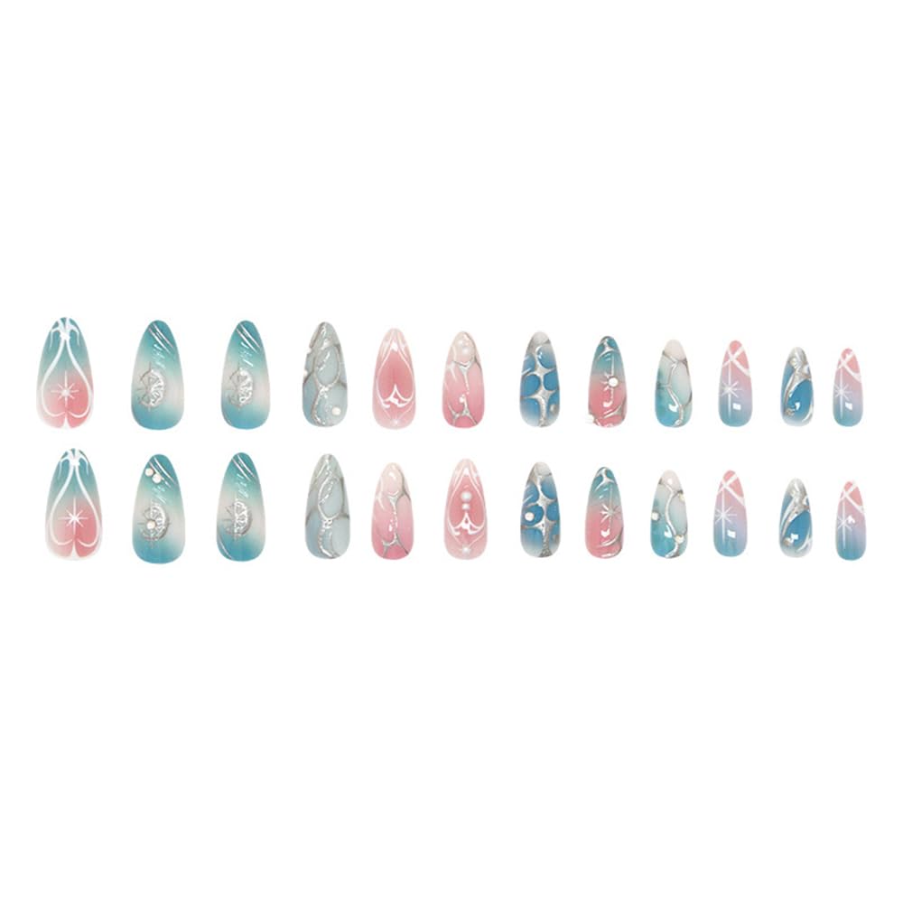 24 Pcs Ombre Blue Press on Nails Short Almond,MINGCHUN Fall Fake Nails Press ons Acrylic Nail Art Tips Kit Full Cover False Nails Glue on Nails with Starburst 3D Texture Design for Women Nail Supplies