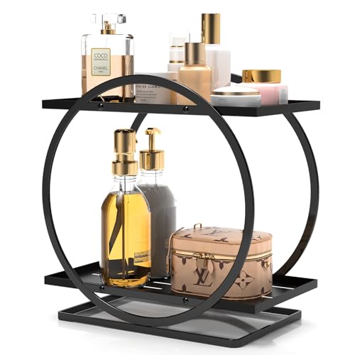 2 Tier Perfume Organizer for Dresser, Black Gold Perfume Makeup Perfume Stand Organizer for Vanity, Cosmetics Ideal Gift for Perfume Lovers-Black - color: Black