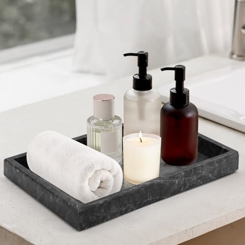 Marble Bathroom Tray,Pure Natural Vanity Tray,Marble Trays for Kitchen Counter Non-Ceramic/Non-Resin,Stone Tray 12 x 8 inch (Black) ﻿ - color: Black