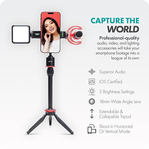 Movo iVlog1 Vlogging Kit - iPhone Lightning Compatible YouTube Starter Kit - Shotgun Microphone, Mini Tripod, LED Light, Wide-Angle Lens, Lightning Adapter - size: Lightning