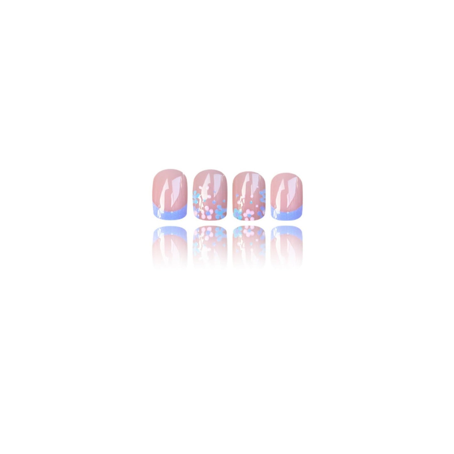 Short Square Press on Nails Soft Nude Pink Base Pastel Blue French Tips Pink Blue Glitter Stick on Nails Speckles Sleek Gentle Fresh Manicure Artificial Nails Suitable for Elegant Unique Chic 24 Pcs