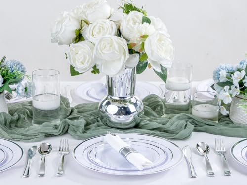 50Guests Pre Rolled Silver Plastic Silverware Sets - Heavy Duty Silver Cutlery - Include 50 Pack Wrapped Disposable Utensils with Napkins for Parties & Dinners & Weddings - color: 50Pack - Silver