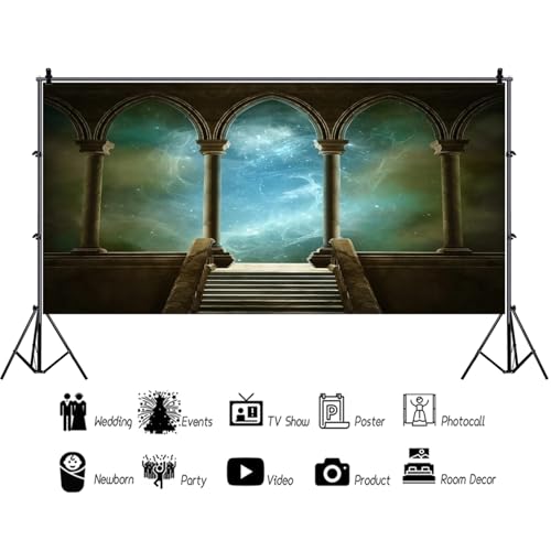 20x10ft Wedding 3D Render Backdrops Fantasy Starry Sky from Ancient Arches Background Mediaeval Gallery Temple Castle Marble Stone Column Staircase Photo Props - size: 20x10ft