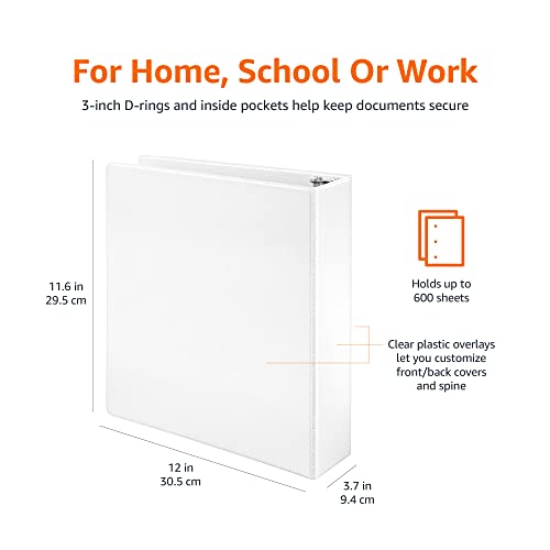 Amazon Basics 3 Ring Binders, 3 Inch D-Ring Organizer for School, Home Office, Paper Storage, White, 2 Pack