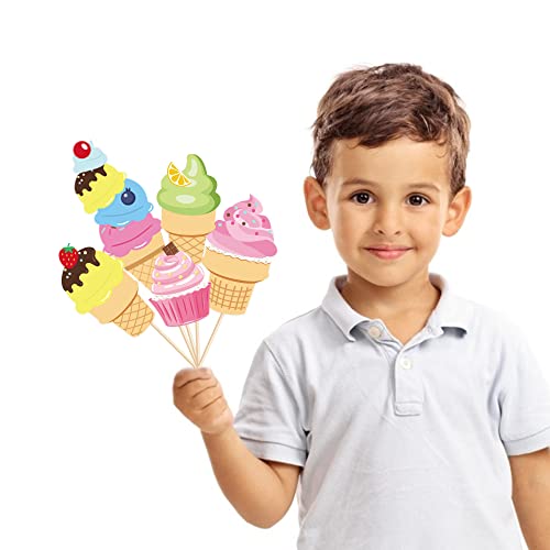 Generic Ice Cream Photo Booth Props, 25PCS (Ice Cream) with Bamboo Sticks & Glue Dots, Paper, Round Shapes, Pink, Cartoon Pattern, 7.8 x 10 Inches, Perfect for Parties & Events - color: Ice Cream