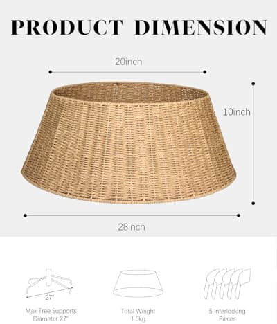 Rustic Farmhouse Christmas Tree Collar - Holiday Decorations - Natural Woven Wicker Tree Base Cover, Basket Ring for Artificial Trees, Stable & Odorless
