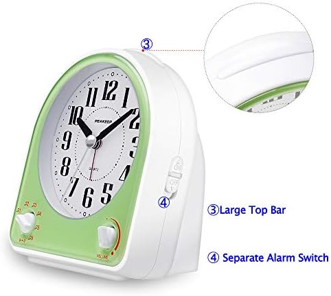 Peakeep Analog Alarm Clock Non-Ticking Silent, 7 Wake-up Sounds | with Volume Control, Nightlight and Snooze, AA Battery Operated (Green)