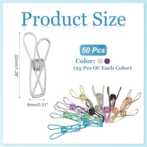 PATIKIL 50Pcs Paper Office Binder Clips, 1.26" Small Metal Wire Hollow Out Paper Clamps Long Tail Binder Clips for Photo Clothes Hanging Office Home Kitchen Food Package, Silver/Purple - color: Silver/Purple