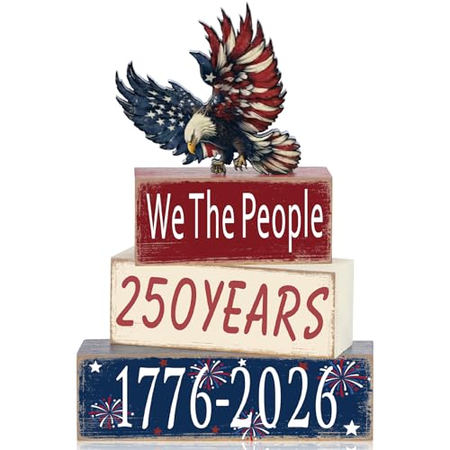 GlikCeil 4 Pcs 250th Anniversary Table Decoration 4th of July Tiered Tray Decor Eagle Patriotic Wooden Block Sign 1776-2026 Independence Day Centerpiece Rustic Star Tabletop Eagle Decor for Indoor - style: Eagle