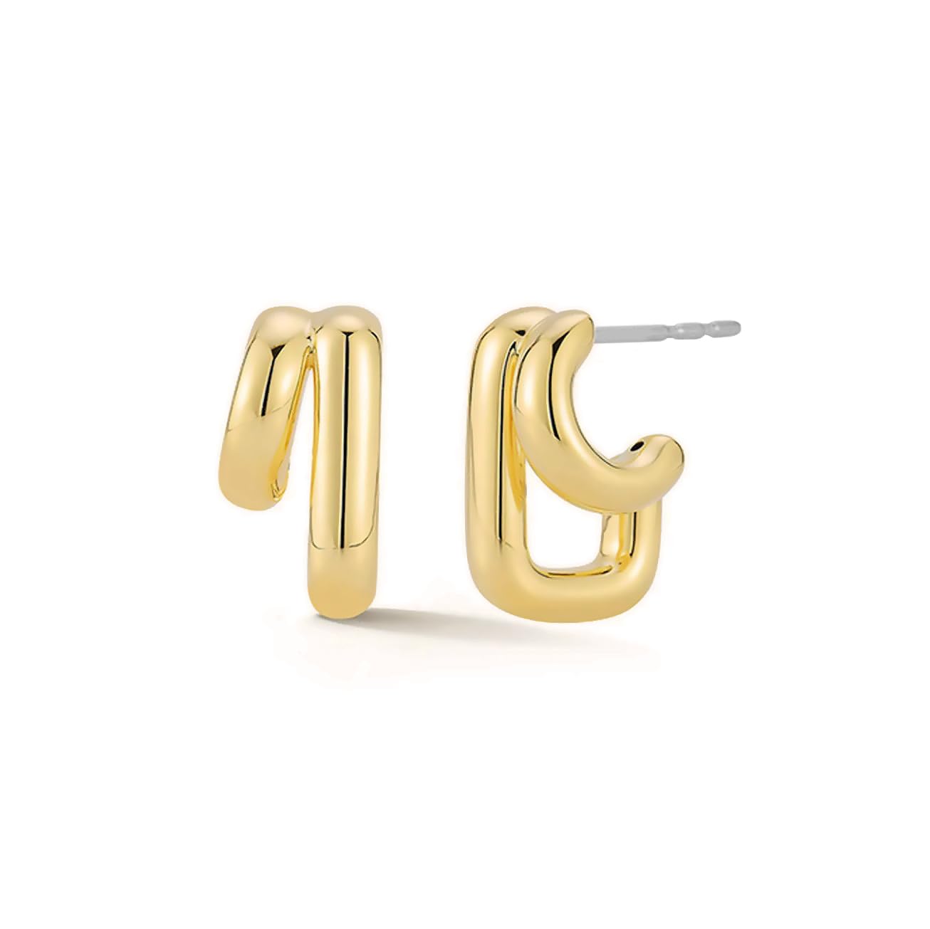 Obidos 14K Gold Plated Double Huggie Hoop Earrings for One Hole | Illusion Stud Earrings for Women | Trendy Simple Hypoallergenic Fashion Accessories Gold Jewelry Gifts for Womens (Double Hoops - Yellow Gold)