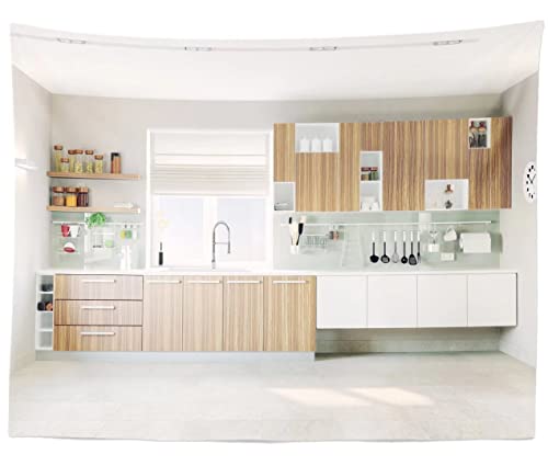BELECO 5x4ft Fabric Modern Kitchen Backdrop Cooking Baking Background Wall Cabinet Cupboard Kitchenware Window Background Selfie Photoshoot Online Teaching Video YouTube Studio Photography Props