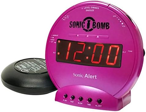 Sonic Alert Sonic Bomb Dual Alarm Clock with Bed Shaker, Pink Vibrating Alarm Clock for Heavy Sleepers, Battery Backup | Wake with a Shake
