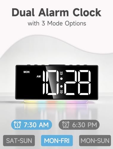 Cadmos Digital Alarm Clock - Extra Loud for Heavy Sleepers Adults Teens Kids, Rainbow Bedside Clock for Bedrooms, Large Display, 7 Color Night Light, Weekday & Weekend, 12/24h (Black+Dynamic)