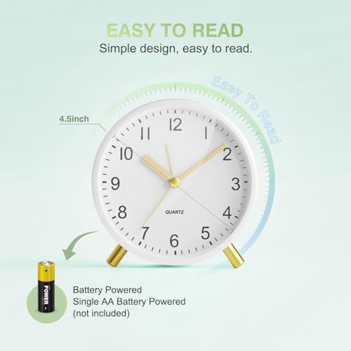 Analog Alarm Clock, Silent Non-Ticking with Night Light, Fashionable Round Metal Alarm Clock for Office, Battery Operated, Bedroom, Elderly, Adults, Children, Kids, Student Gifts