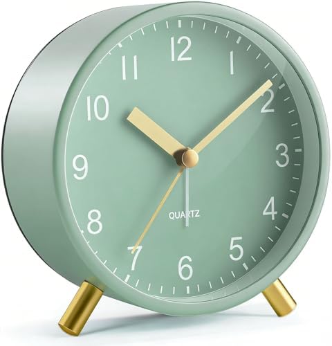 Analog Alarm Clock, Silent Non-Ticking with Night Light, Fashionable Round Metal Alarm Clock for Office, Battery Operated, Bedroom, Elderly, Adults, Children, Student Gifts