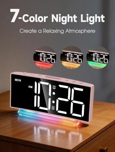 Cadmos Modern Curved Cute Digital Alarm Clock,Colorful Led Display,Adjustable Volume,Weekday/Weekend Mode,Simple Clock for Bedrooms Bedside,Ok to Wake Up for Girls,Kids,Teens (Pink+Dynamic)