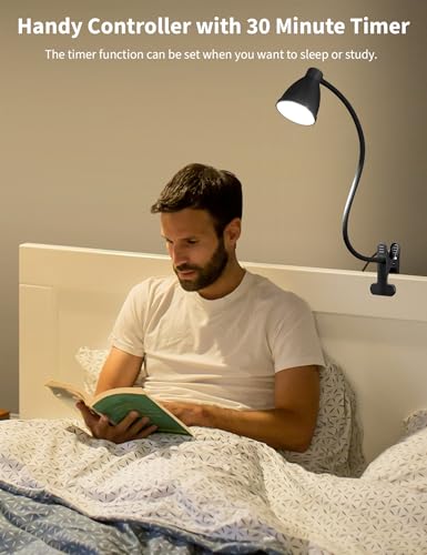 BOHON Desk Lamp 5 Color Modes 10 Brightness Dimmer Reading Light 10W 38 LED Clamp Lamp with Auto Off Timer 360° Flexible Neck Clip on Light for Bed Bedside, AC Adapter Include - color: Black
