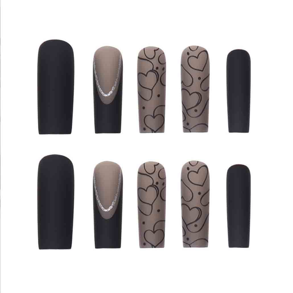 Foccna Black Press on Nails Long, LOVE Design Extra Long Clear Fake Nails Square Acrylic False Nails,Artificial Nails for Women and Girls -24 pcs