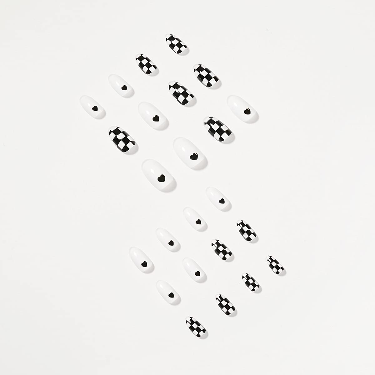 MISUD Press on Nails - Short Oval Glue on Nails with Black White, Acrylic Checkered Design 24 pcs