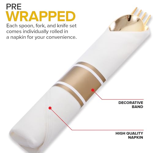 200Guests Pre Rolled Gold Plastic Silverware Sets - Heavy Duty Gold Cutlery - Include 200 Pack Wrapped Disposable Utensils with Napkins for Parties & Dinners & Weddings - color: 200Pack - Gold
