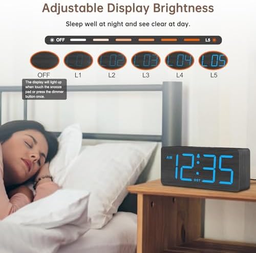 DreamSky Wooden Digital Alarm Clock for Bedroom with Large Numbers | Desk Clocks for Living Room, Dimmer, Loud Alarm for Heavy Sleepers with Volume Control, DST, Office Wood Decor (Plug-in)