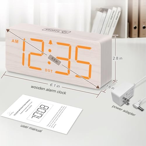 DreamSky Wooden Digital Alarm Clock for Bedroom with Large Numbers | Loud Alarm Clock for Heavy Sleepers with Volume Control, Desk Clocks for Living Room, Dimmer, DST, Wood Decor (Plug in Clock)