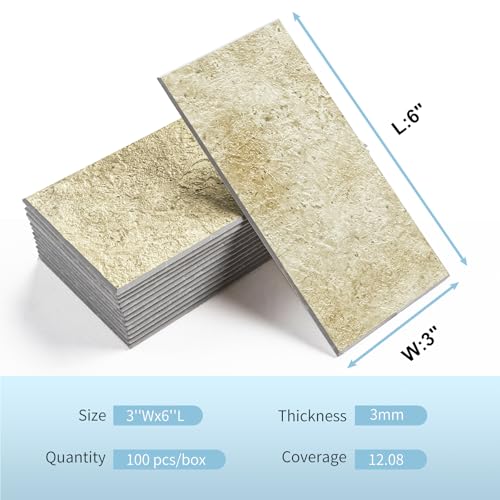Vamos Tile 100-Piece Peel and Stick Backsplash Seamless Tile,3''x6'' Textured Beige Travertine with White Grout PVC Subway Tile,Stick on Backsplash for Kitchen/Bathroom/Laundry Room - color: Beige Travertine