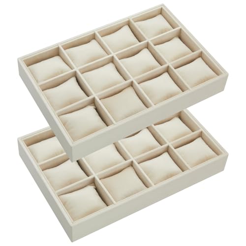 Henoyso 2 Pieces 12 Grid Velvet Watch Tray Jewelry Organizer Stackable Watch Bracelet Bangle Display Holder Adjustable Pillow(Beige) - color: Beige, size: 12 Grid
