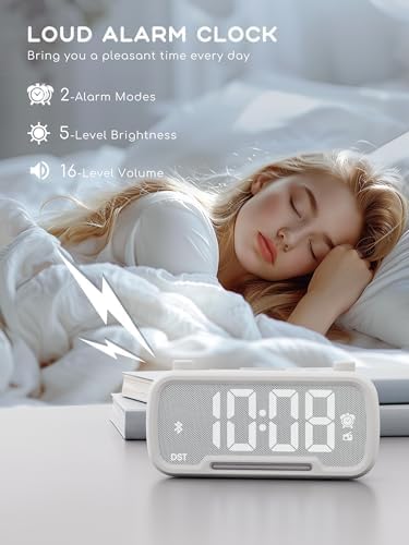ROCAM Clock Radio, FM Radio Alarm Clock for Bedroom Modern Design, Auto Scan 20 Presets Auto-Off Sleep Timer, Bluetooth Speaker, Night Light, USB Ports, Brightness Dimmer