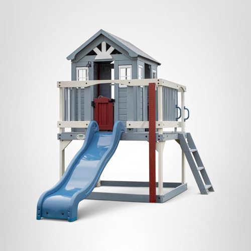 Backyard Discovery Beacon Heights Elevated Cedar Wooden Kids Playhouse with Wave Slide, Play Kitchen, Wrap-Around Deck, Flat-Step Ladder, Half Door, Windows, Bell, and Growth Chart for Outdoor Play