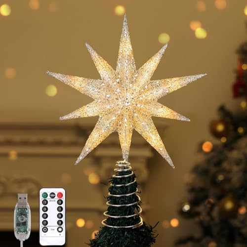Lewondr Christmas Tree Topper Star, 13inch Xmas Tree Topper with LED Light Beads, Remote & USB Operated 10-Point Star Treetop for Home Christmas Decoration, 6H Timer & 8 Lighting Modes, Silver