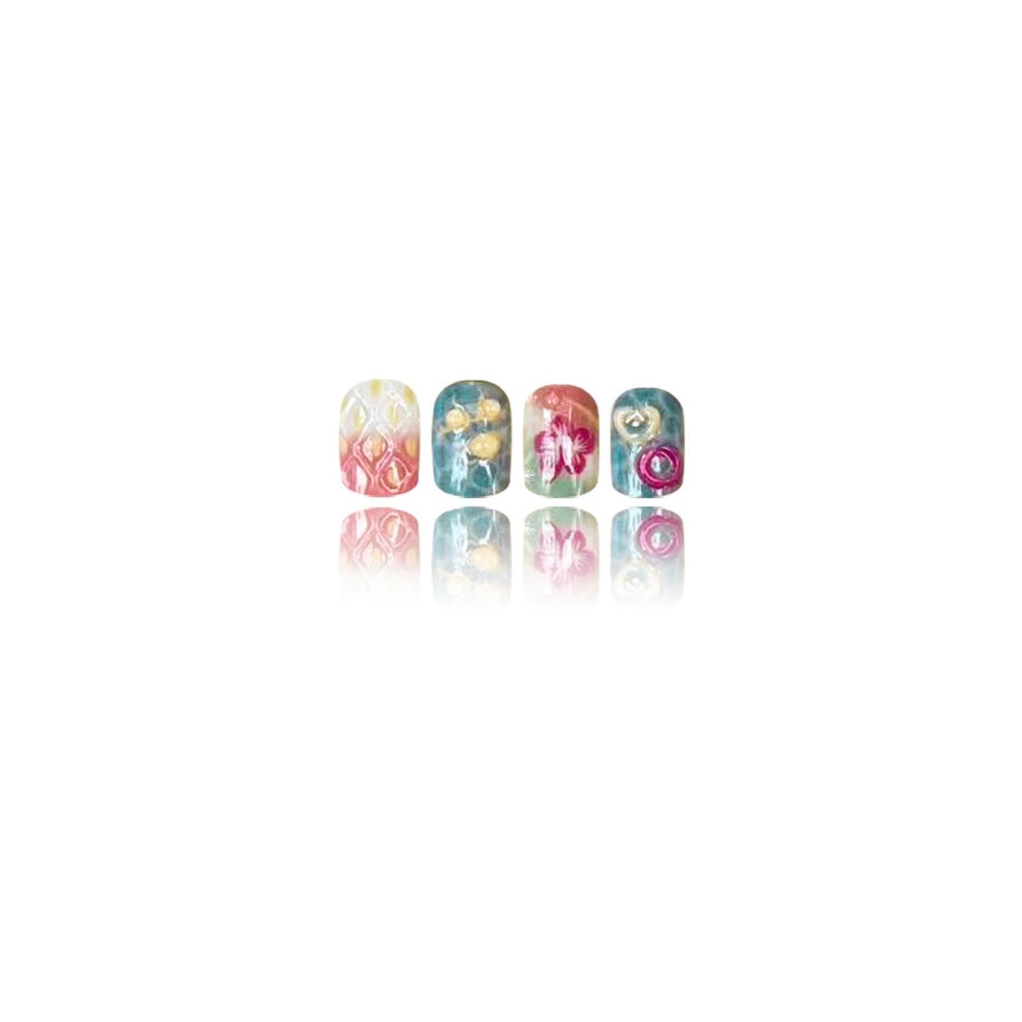 Summer Press on Nails Short Square Fake Nails with 3D Lemon Heart Flower Designs Pink Nails Press ons Blue Pink Glue on Nails Glossy False Nails Cute Stick on Nails for Women 24Pcs