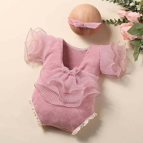 Ylsteed Newborn Photography Outfits Girl Lace Romper with Headband Photo Shoot Outfits Girls Photo Props-Ruffles Cameo - color: Cameo