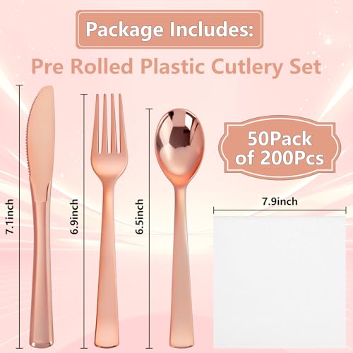 50Guests Pre Rolled Rose Gold Plastic Silverware Sets - Heavy Duty Rose Gold Cutlery - Include 50 Pack Wrapped Disposable Utensils with Napkins for Parties, Dinners & Weddings & Mother's Day - color: 50Pack - Rose Gold